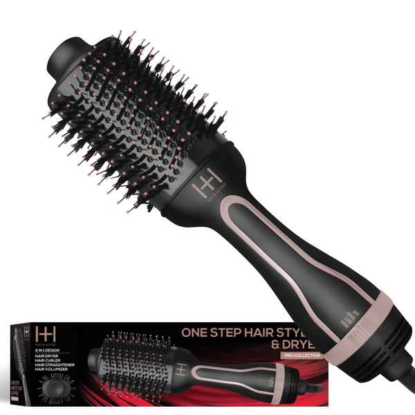 Hot & Hotter One-Step Ceramic Hair Styler & Dryer black hot air brush with ceramic bristles and oval shape for styling.