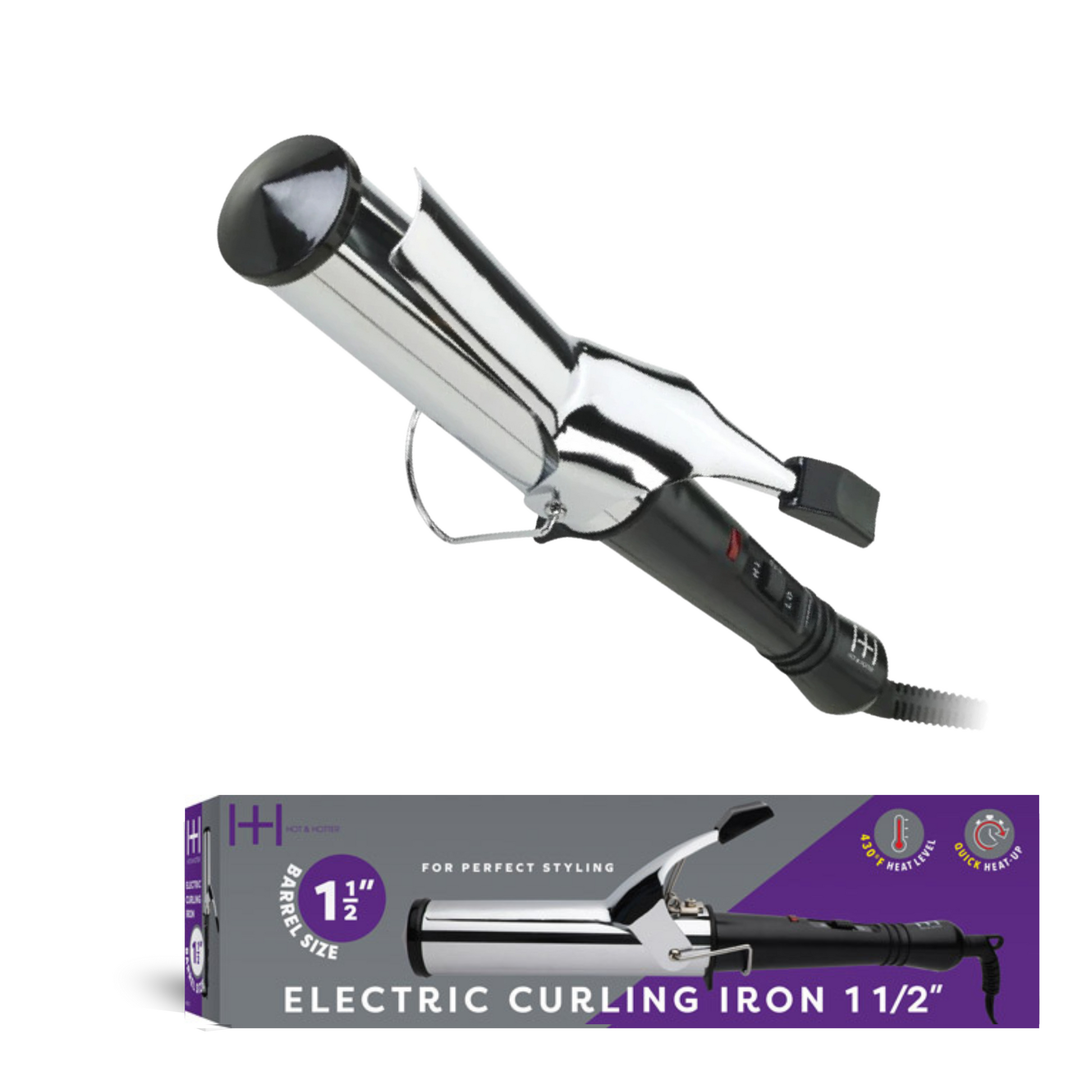 Hot & Hotter Electric Curling Iron 1 1/2 inch with safety stand, adjustable heat settings, and tangle-free cord in silver.