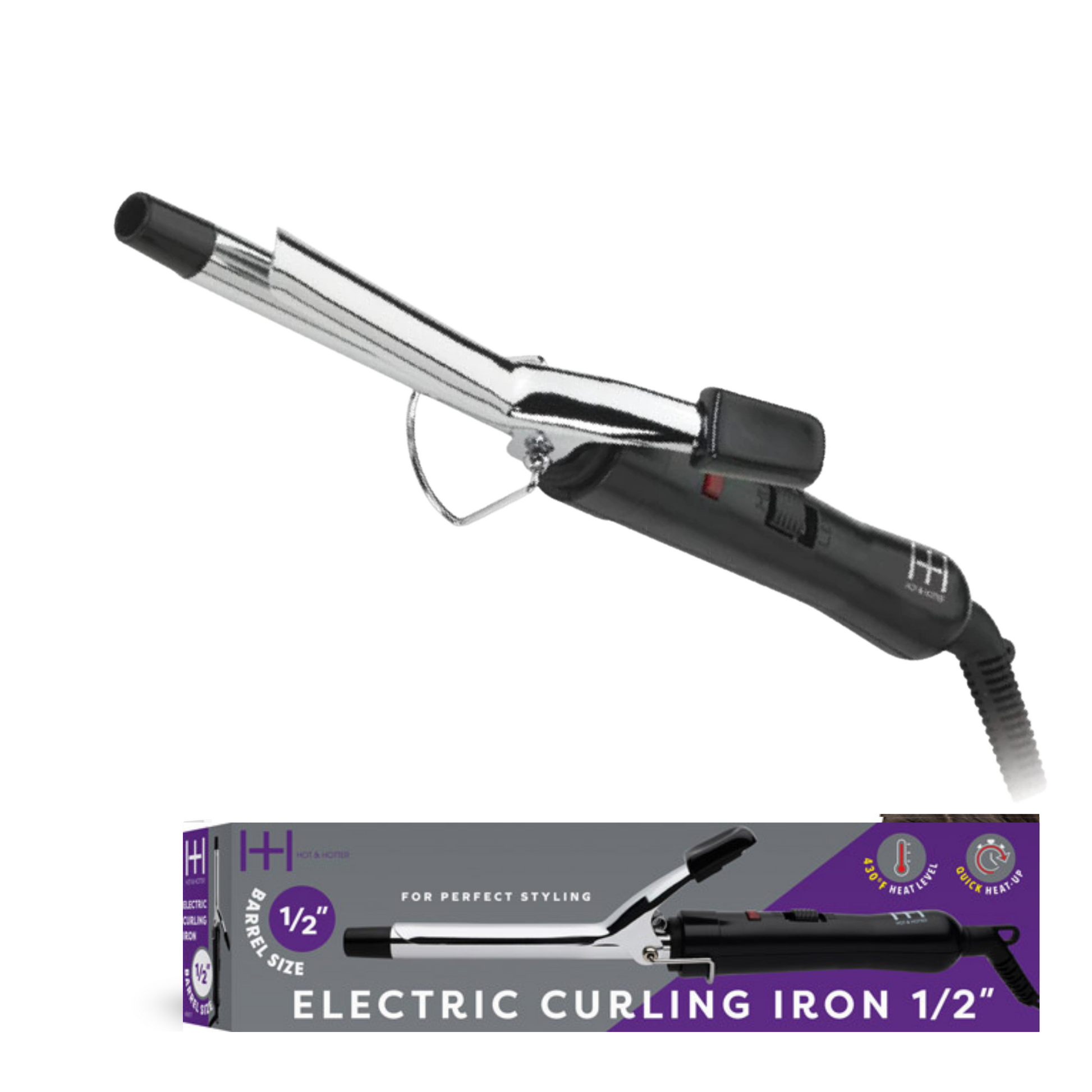 Hot & Hotter 1/2 inch electric curling iron with safety stand, low/high 430°F settings, silver and black design.