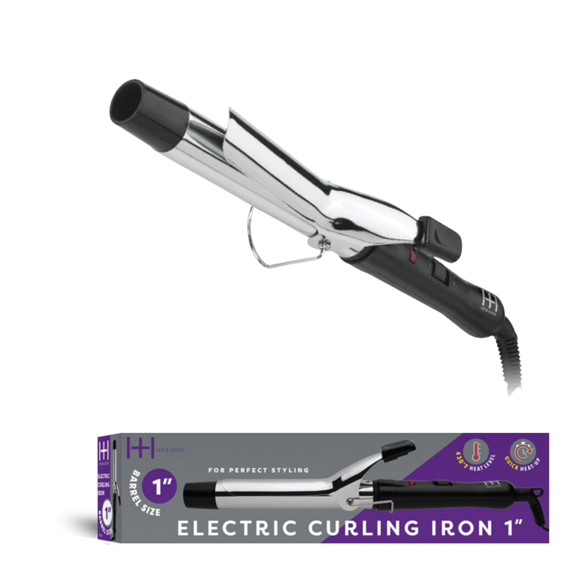 Silver Hot & Hotter 1-inch electric curling iron with safety stand, dual heat settings, and 430°F maximum temperature.