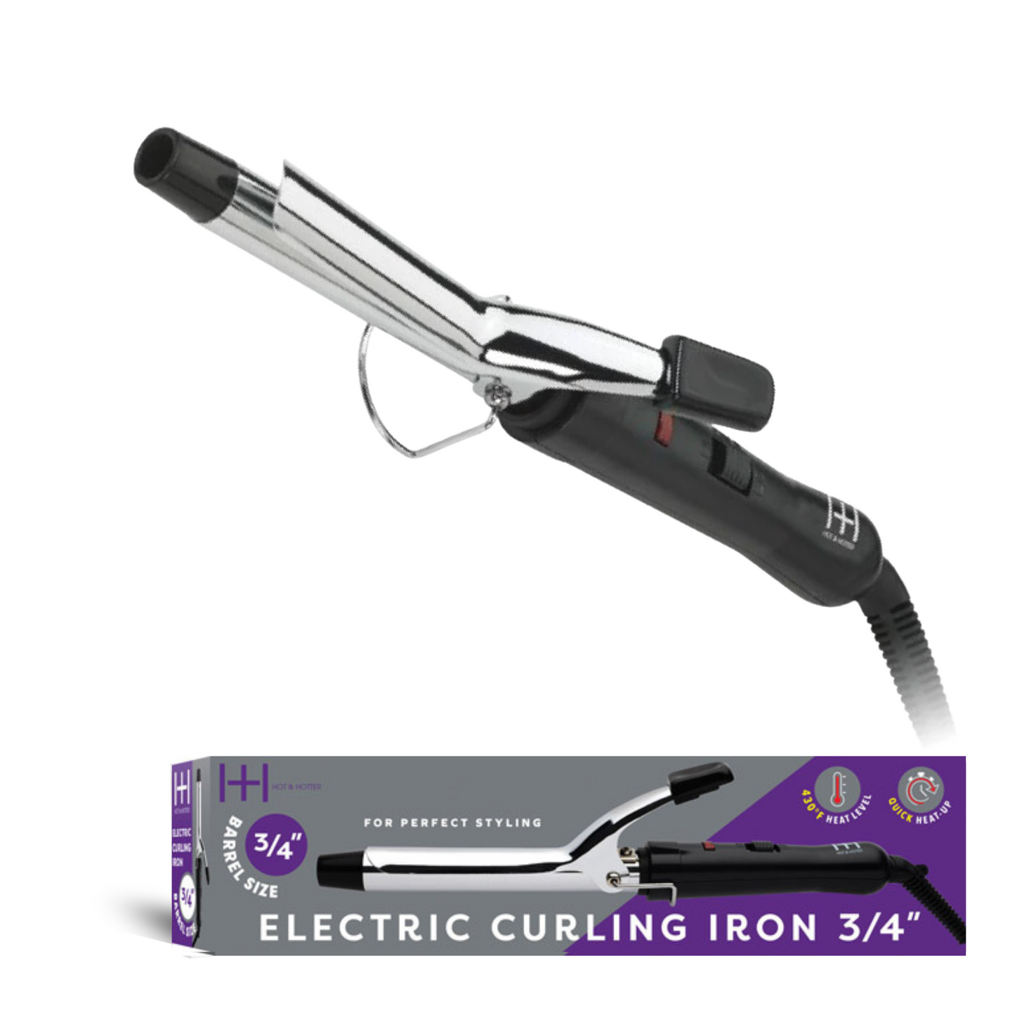 Hot & Hotter Electric Curling Iron 3/4 inch with silver barrel, black handle, and adjustable clamp for styling versatility.