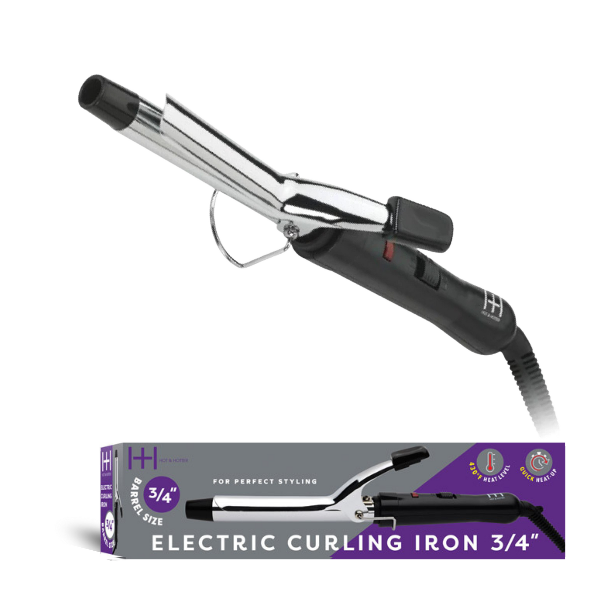 Hot & Hotter Electric Curling Iron 3/4 inch with silver barrel, black handle, and adjustable clamp for styling versatility.