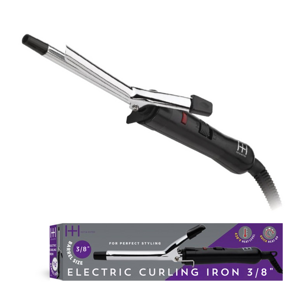 Hot & Hotter Electric Curling Iron 3/8 inch with silver barrel, black handle, safety tip, and dual heat settings for styling hair