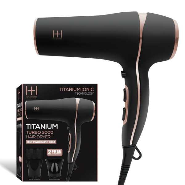 Hot & Hotter Titanium Turbo 3000 Hair Dryer in black with two attachments and titanium ionic technology.