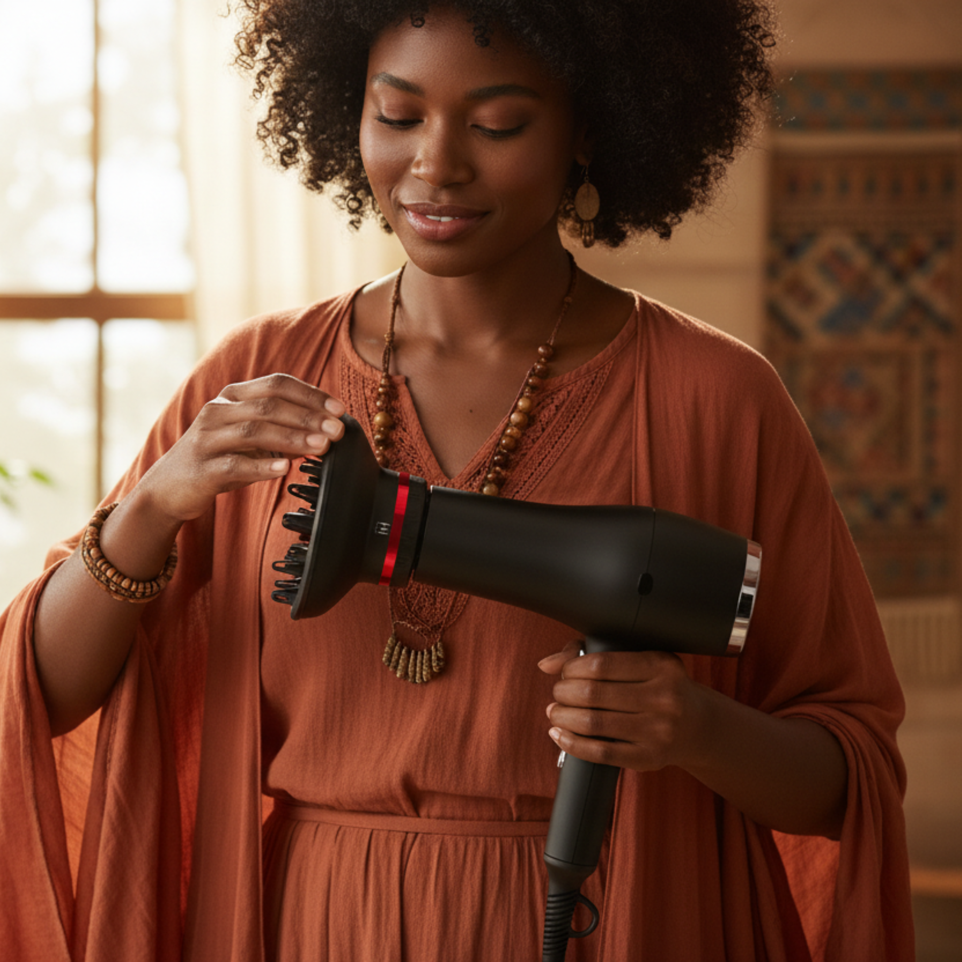 A woman holding the Hot & Hotter Truly Universal Diffuser, 1 Count, Black & Red, adjusting the detachable diffuser attachment for gentle, even drying of natural textured hair.