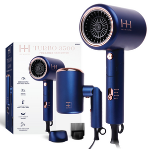 Hot & Hotter Turbo 3500 Foldable Hair Dryer Blue with high-speed motor, compact foldable design, and styling attachments.