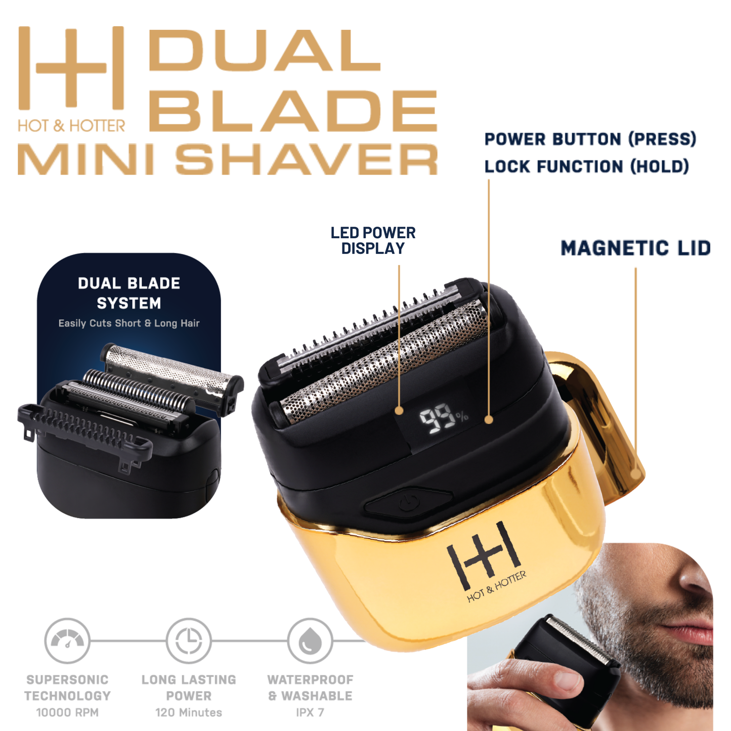 Hot & Hotter Dual Blade Mini Shaver, 1 Count Foil Electric Razor, Gold