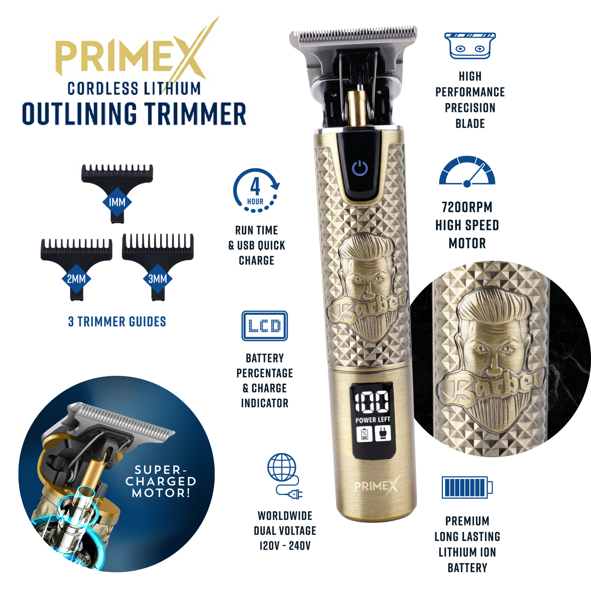 PrimeX Cordless Lithium Outlining Barber Trimmer Brass – Annie PrimeX Cordless Lithium Outlining Barber Trimmer Brass – Annie