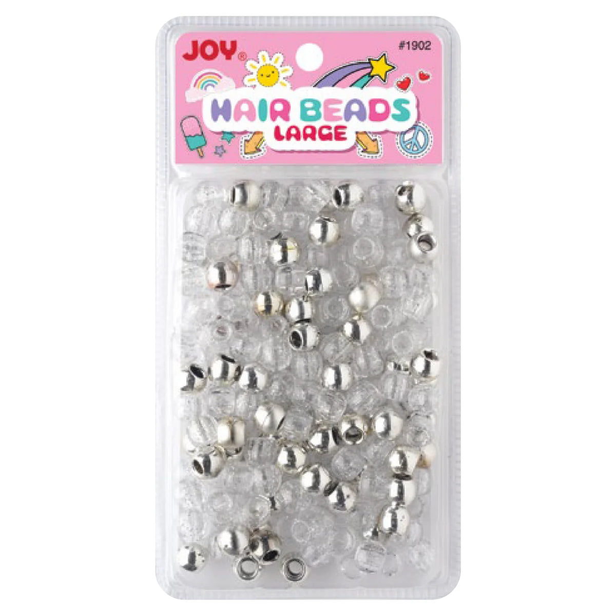 Clear package containing 240 large silver metallic and glitter round hair beads designed for gentle, snag-free braiding and styling of kids’ textured and multicultural hair.