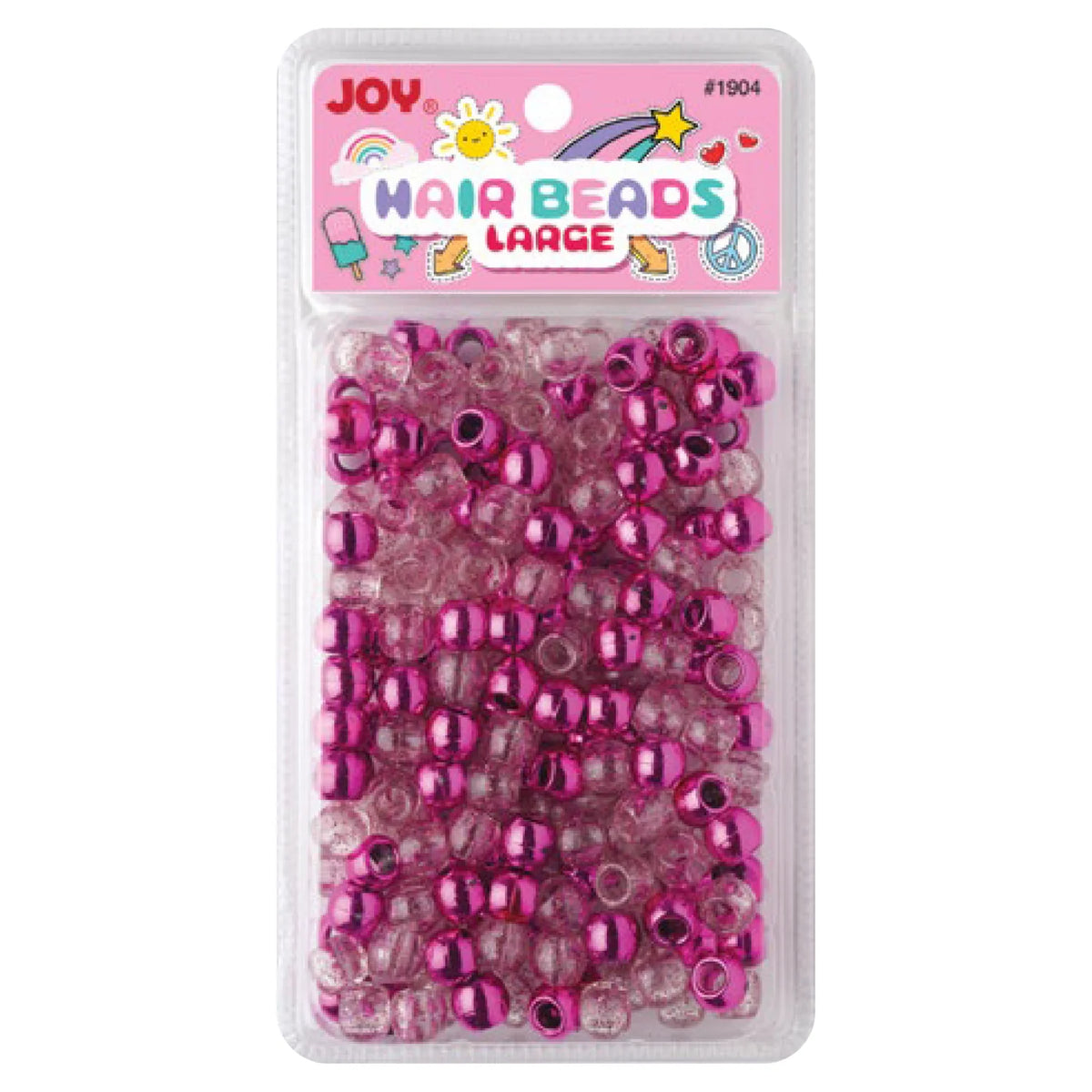 Clear package containing 240 large pink metallic and glitter round hair beads designed for gentle, snag-free braiding and styling of kids’ textured and multicultural hair.