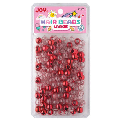 Clear package containing 240 large red metallic and glitter round hair beads designed for gentle, snag-free braiding and styling of kids’ textured and multicultural hair.