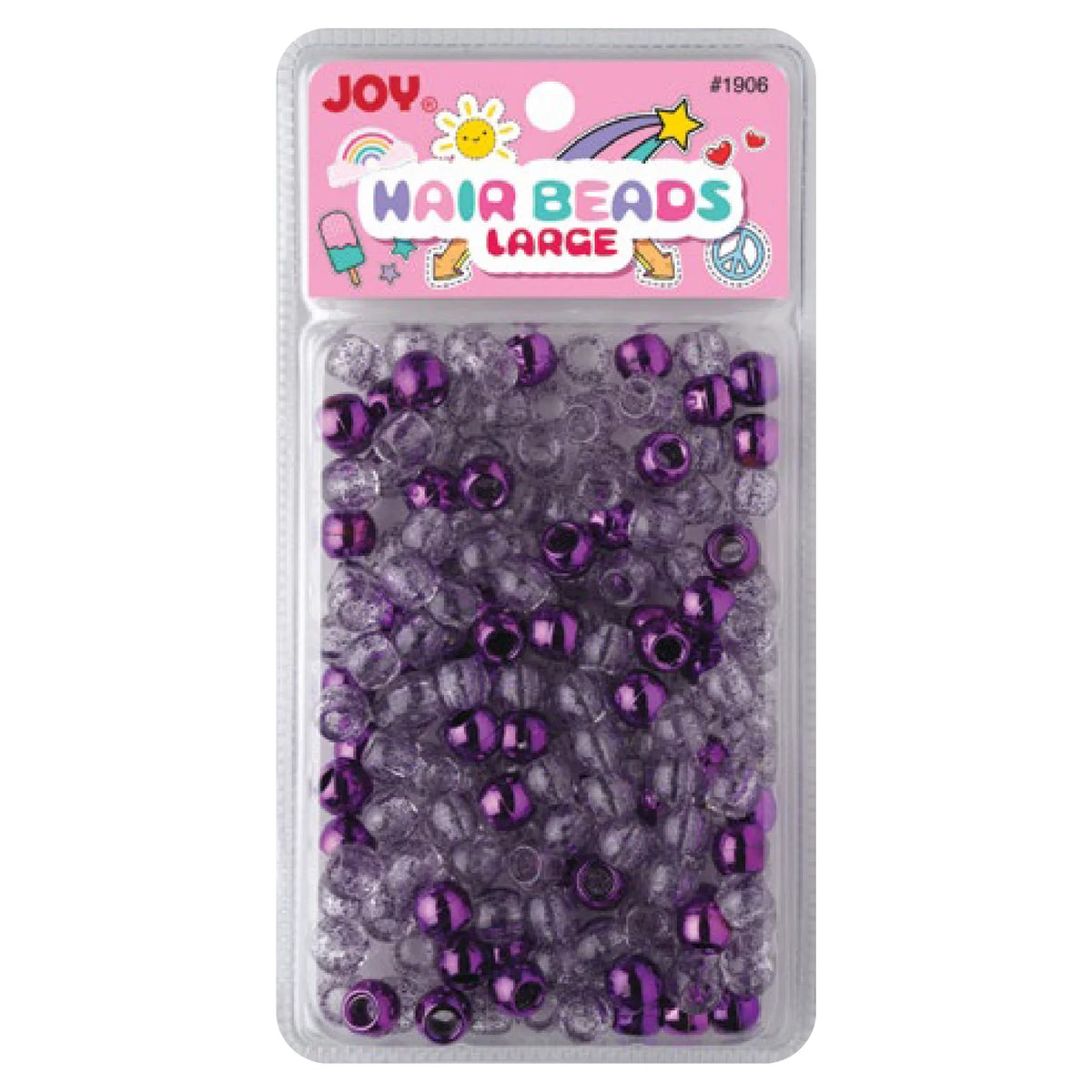 Clear package containing 240 large purple metallic and glitter round hair beads designed for gentle, snag-free braiding and styling of kids’ textured and multicultural hair.