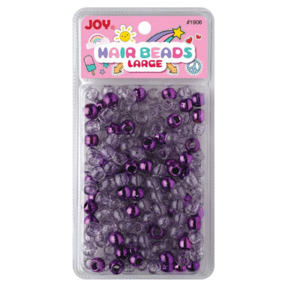 Clear package containing 240 large purple metallic and glitter round hair beads designed for gentle, snag-free braiding and styling of kids’ textured and multicultural hair.