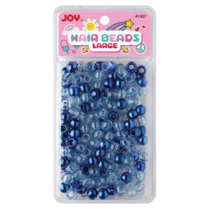 Clear package containing 240 large blue metallic and glitter round hair beads designed for gentle, snag-free braiding and styling of kids’ textured and multicultural hair.