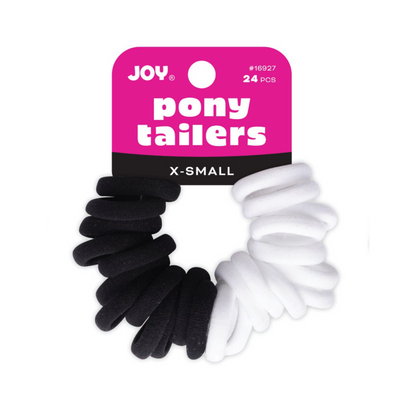 Joy Soft Ponytailers X-Small 24 Count kids' hair ties in black and white, gentle and durable for all hair types.