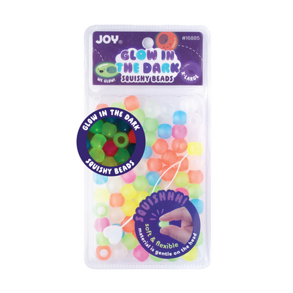 Joy Round Squishy Glow Beads XL Size, 80 Count multicolor soft kids hair beads with glow in the dark feature.