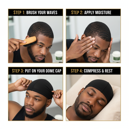 Step-by-step wave training routine featuring a man brushing, moisturizing, and securing his hair with Mr. Durag Cotton Dome Cap, 1 Count, Black for wave pattern maintenance.