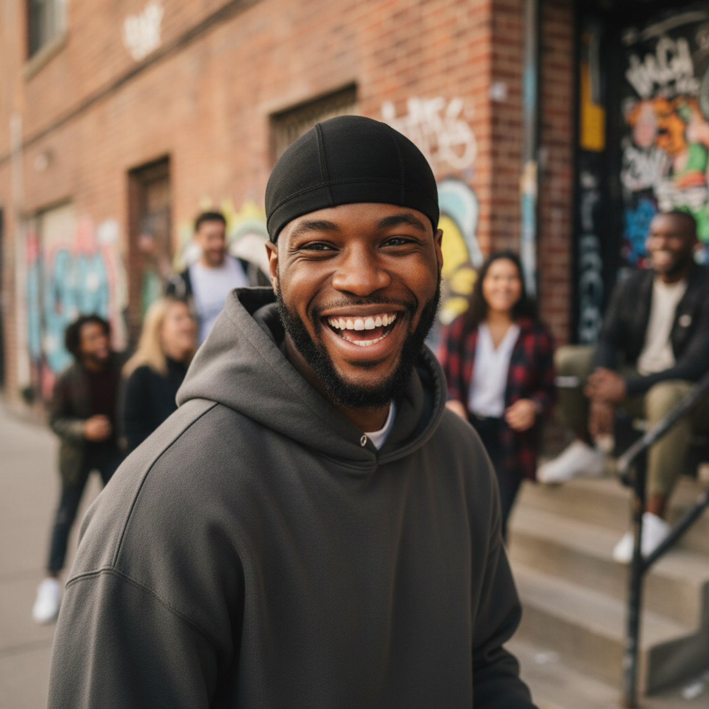 A smiling man outdoors wearing Mr. Durag Cotton Dome Cap, 1 Count, Black, showcasing a soft, breathable cotton fabric designed for comfortable wave training and hair protection.