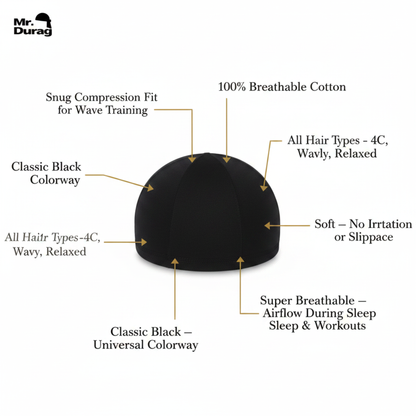 Mr. Durag Cotton Dome Cap, 1 Count, Black shown with breathable 100% cotton fabric, snug compression fit for wave training, designed for all hair types including 4C, wavy, and relaxed, featuring soft, irritation-free material and superior airflow for comfort during sleep and workouts.