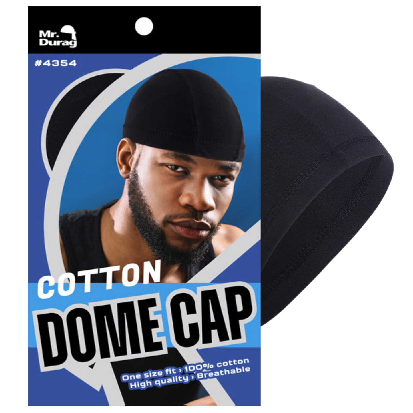 Black cotton dome cap shown with packaging featuring man wearing breathable, high-quality fitted headwear