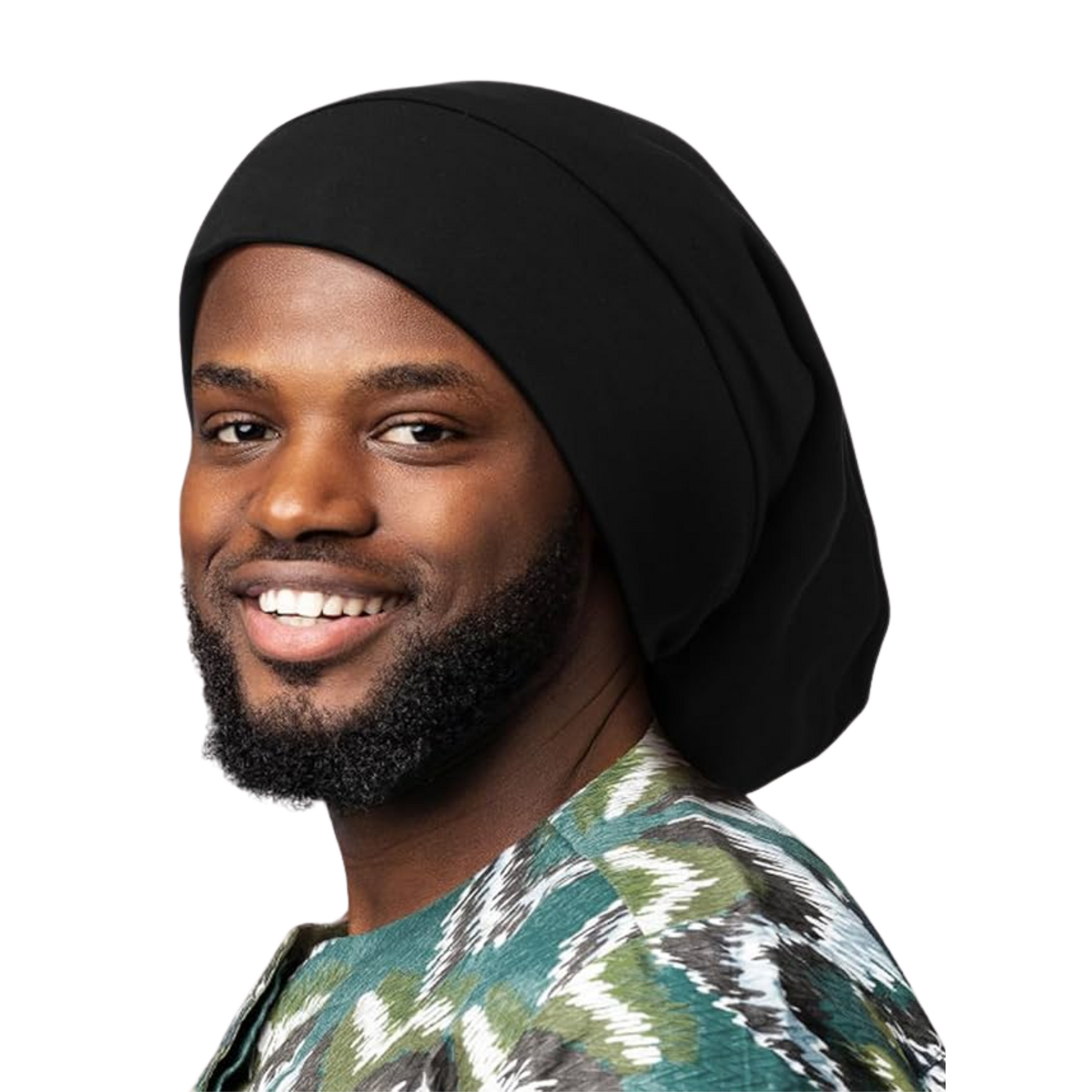 Man wearing black Mr. Durag Dreadlocks Wave Cap X-Jumbo with a patterned green and white shirt smiling at camera