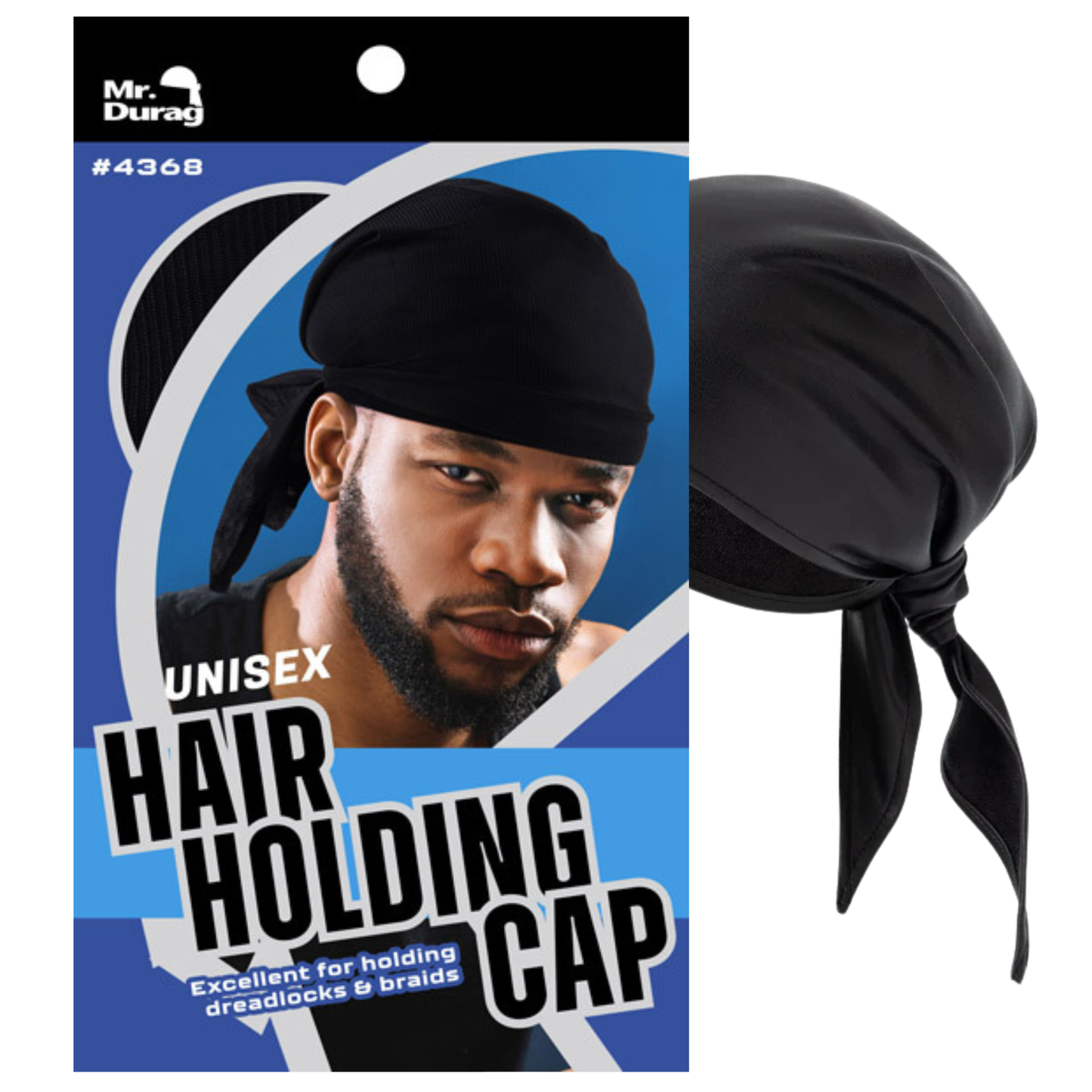 Black satin hair holding cap shown with packaging featuring man wearing the wrinkle-free, stretch headwear