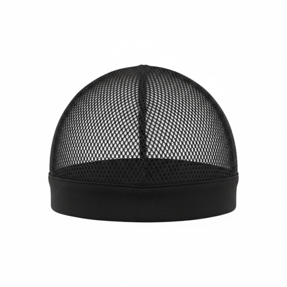 Mr. Durag Mesh Dome Cap, 1 Count, Black shown with breathable mesh material and stretchable band, designed to provide lightweight, comfortable fit ideal for wave training and hair protection.
