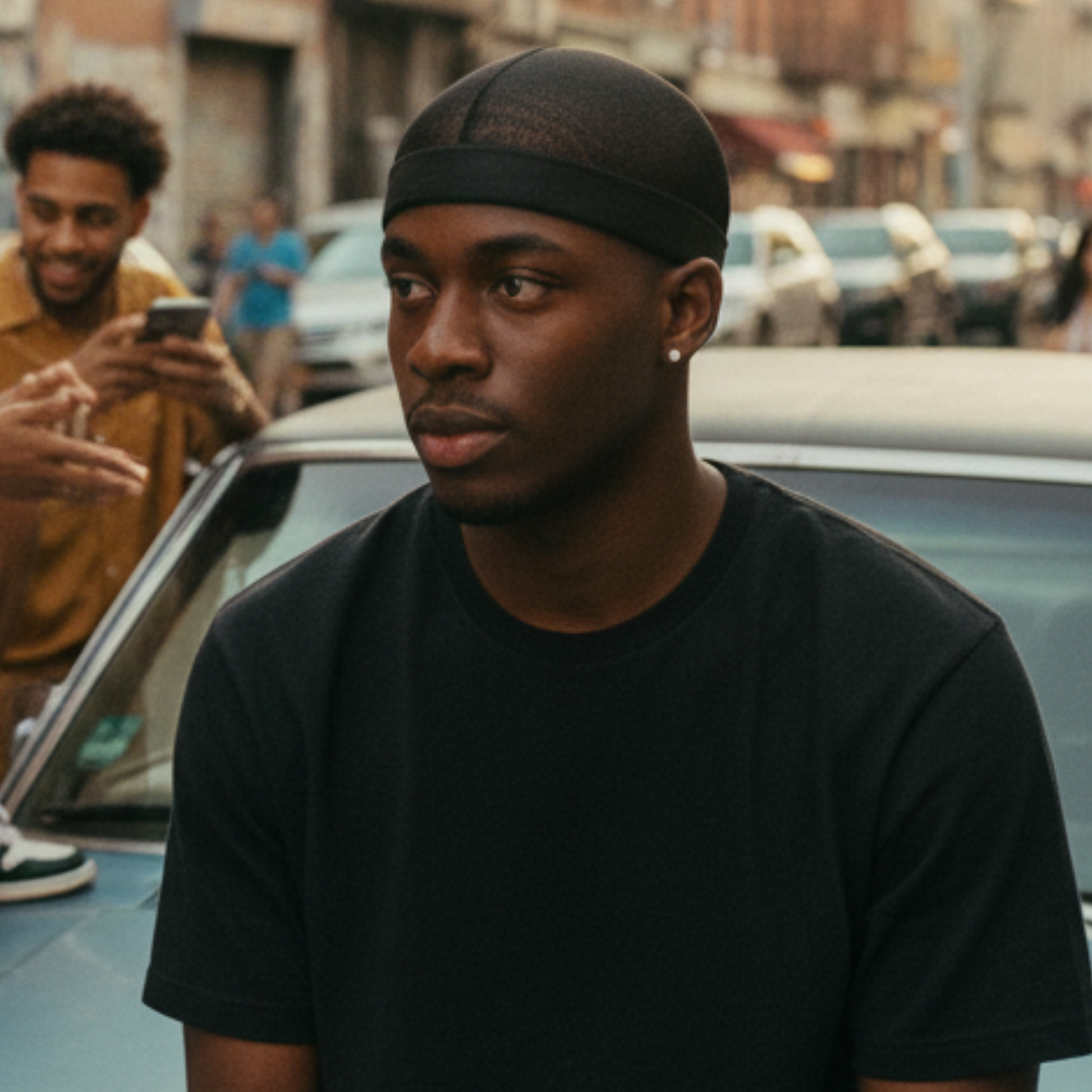 A young man wearing Mr. Durag Mesh Dome Cap, 1 Count, Black, featuring breathable mesh fabric for comfortable wave training and secure fit outdoors in an urban setting.