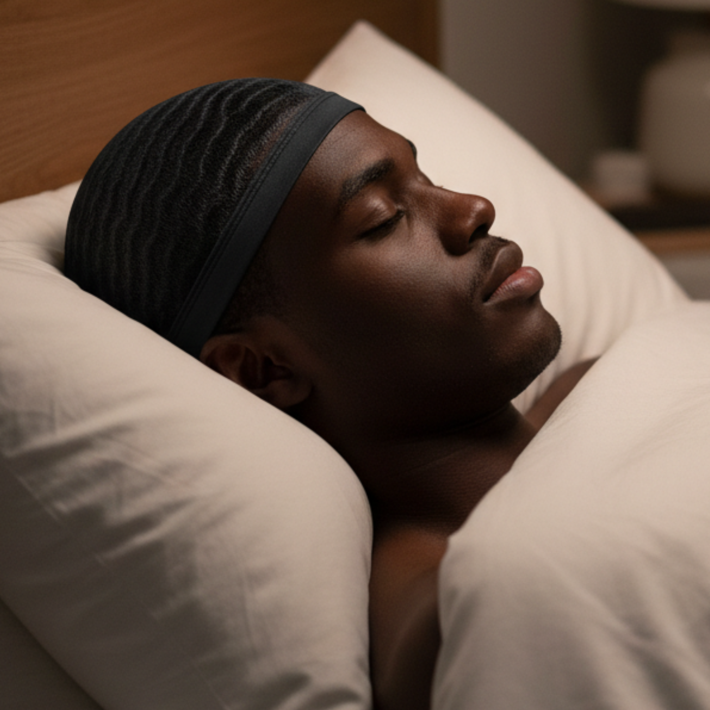 A man resting on a pillow while wearing Mr. Durag Mesh Dome Cap, 1 Count, Black, designed with breathable mesh for comfortable sleep and maintaining 360 wave patterns.