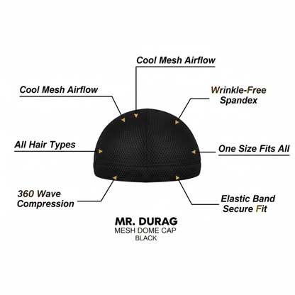 Mr. Durag Mesh Dome Cap, 1 Count, Black features breathable mesh for airflow, wrinkle-free spandex, elastic band for secure fit, 360 wave compression, designed for all hair types and one size fits all.