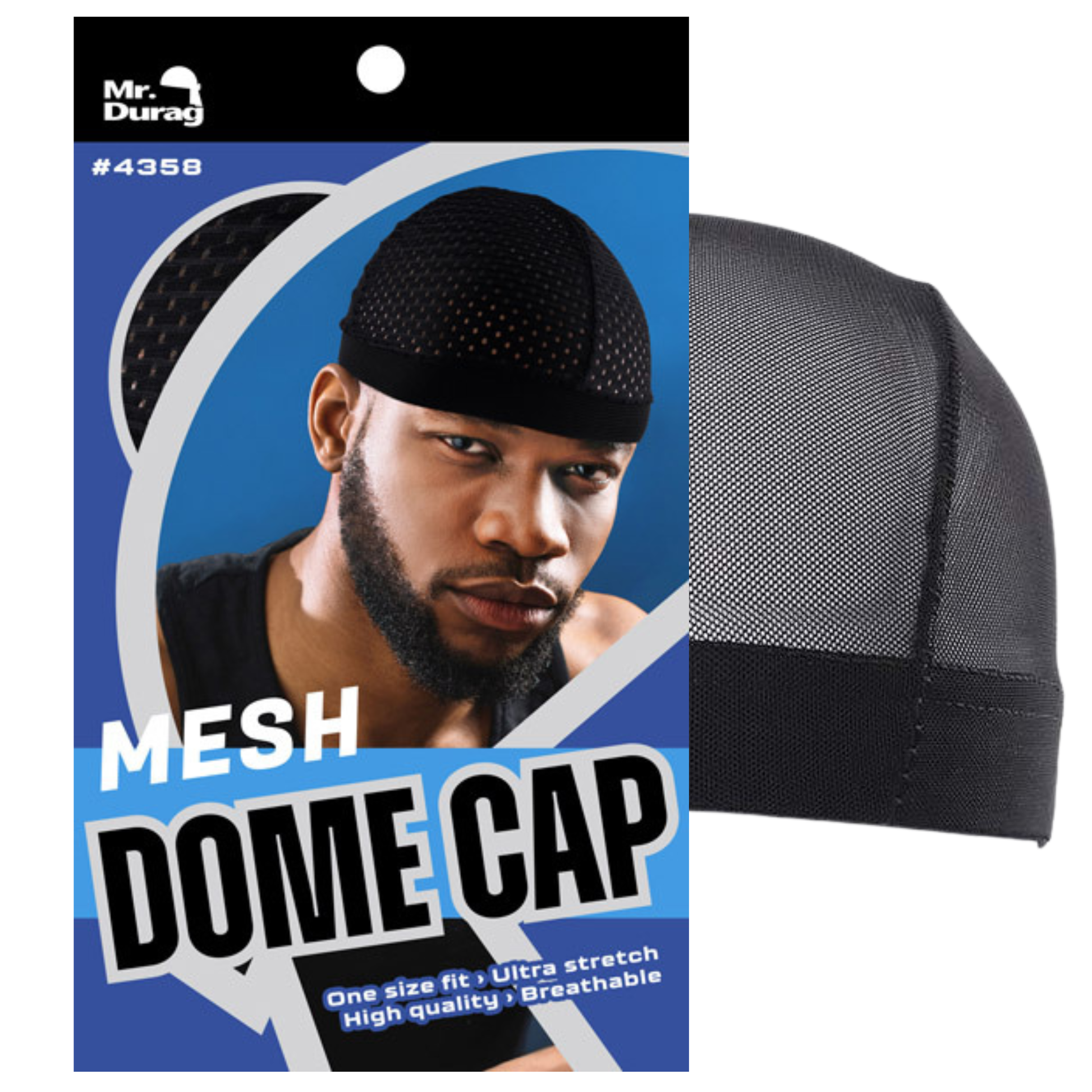 Black mesh dome cap shown on front packaging with man wearing breathable, ultra-stretch fitted headwear beside separate cap image