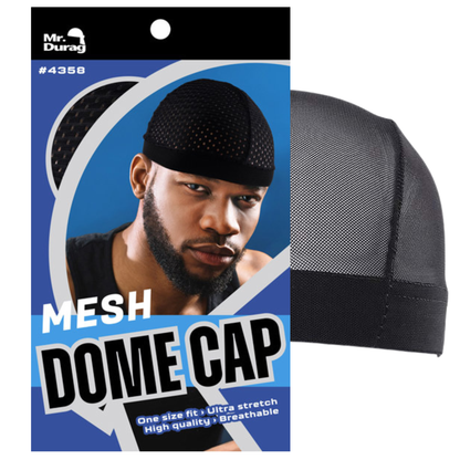 Black mesh dome cap shown on front packaging with man wearing breathable, ultra-stretch fitted headwear beside separate cap image