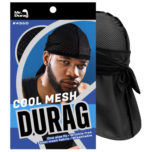 Black breathable mesh durag with tied back shown alongside packaging featuring man wearing the stylish headwear
