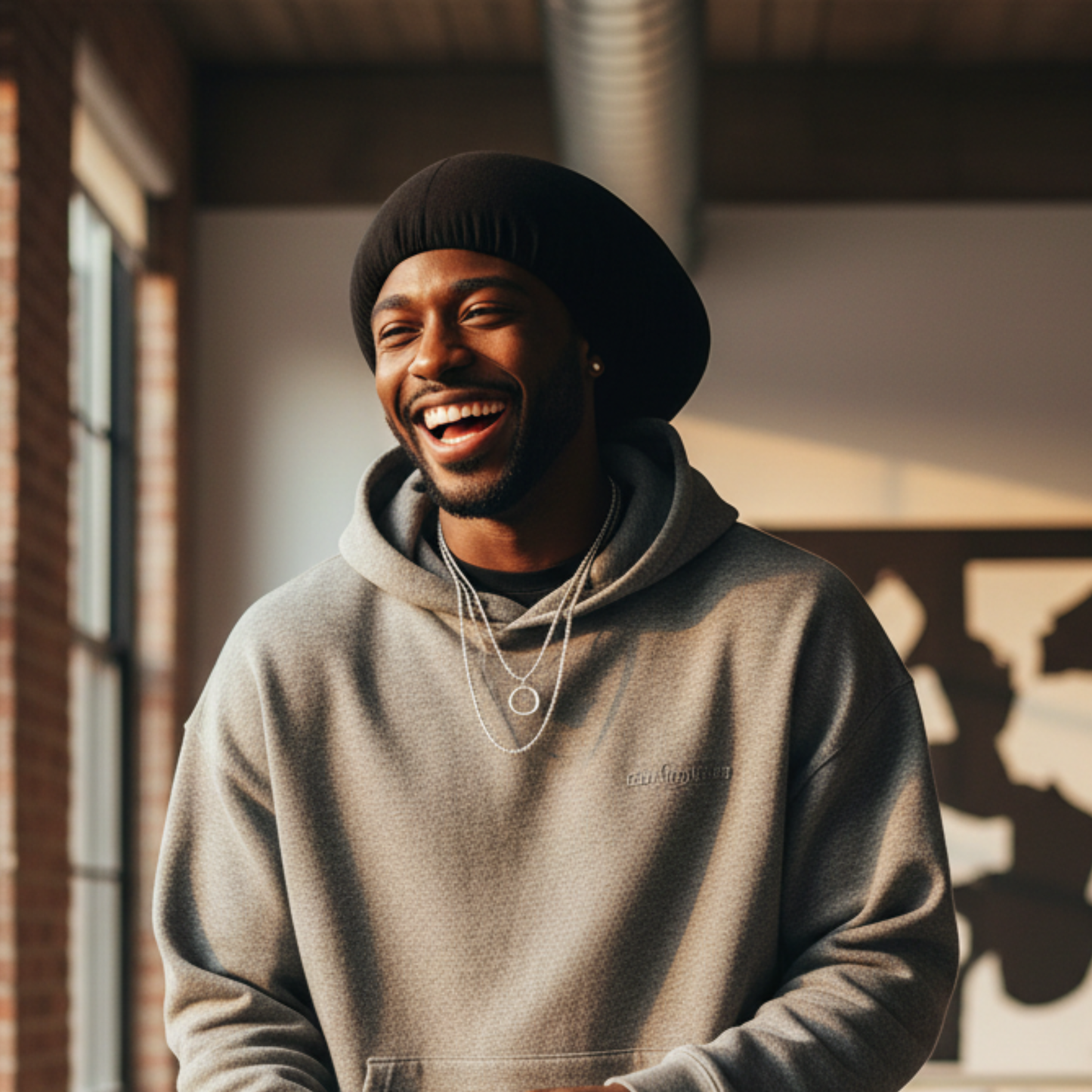 A smiling man wearing Mr. Durag Deluxe Dreadlocks And Braid Cap, 1 Count, Black, paired with a casual gray hoodie, showcasing comfortable protective headwear designed for natural hairstyles.