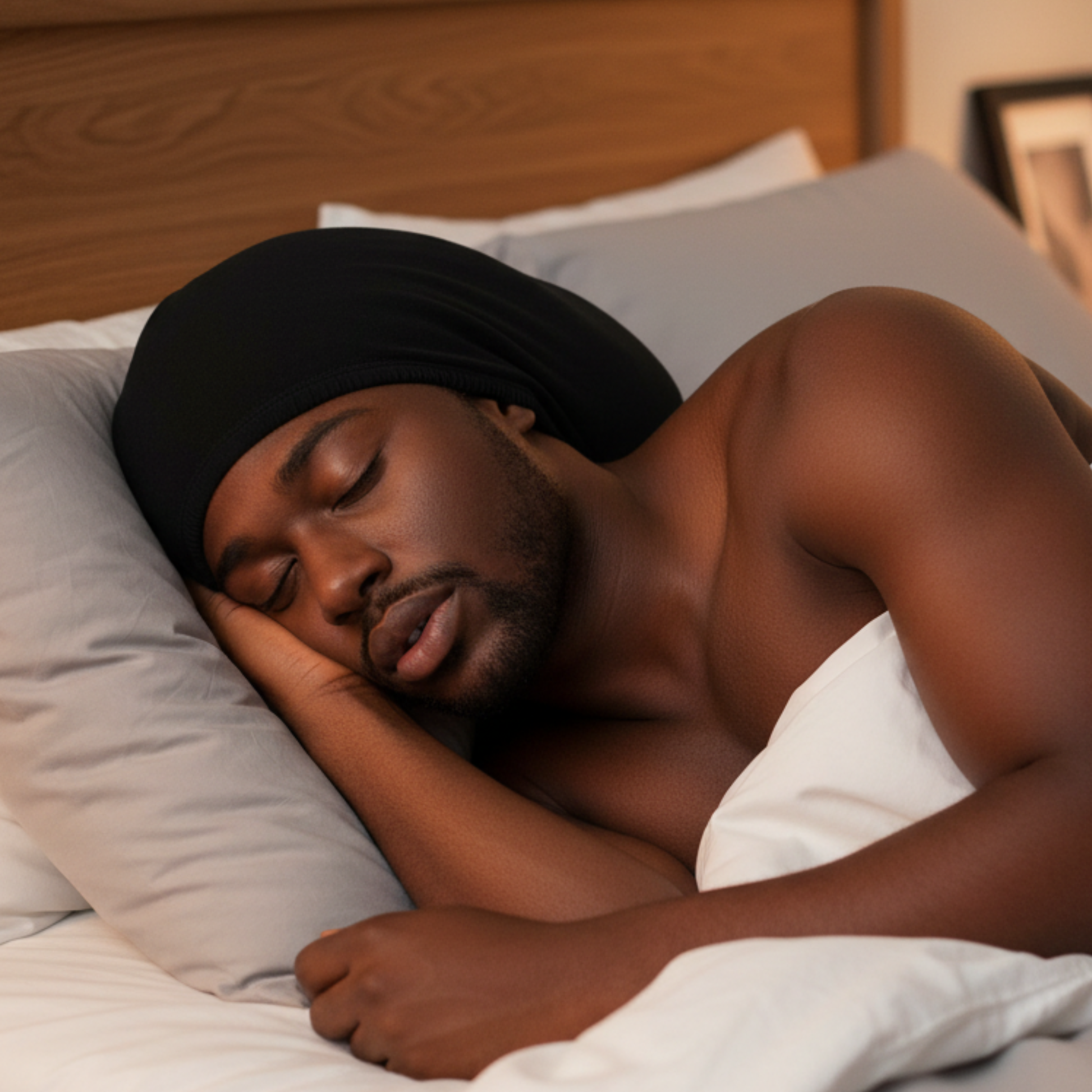 A man peacefully sleeping while wearing Mr. Durag Deluxe Dreadlocks And Braid Cap, 1 Count, Black, designed for comfortable overnight hair protection and curl preservation.
