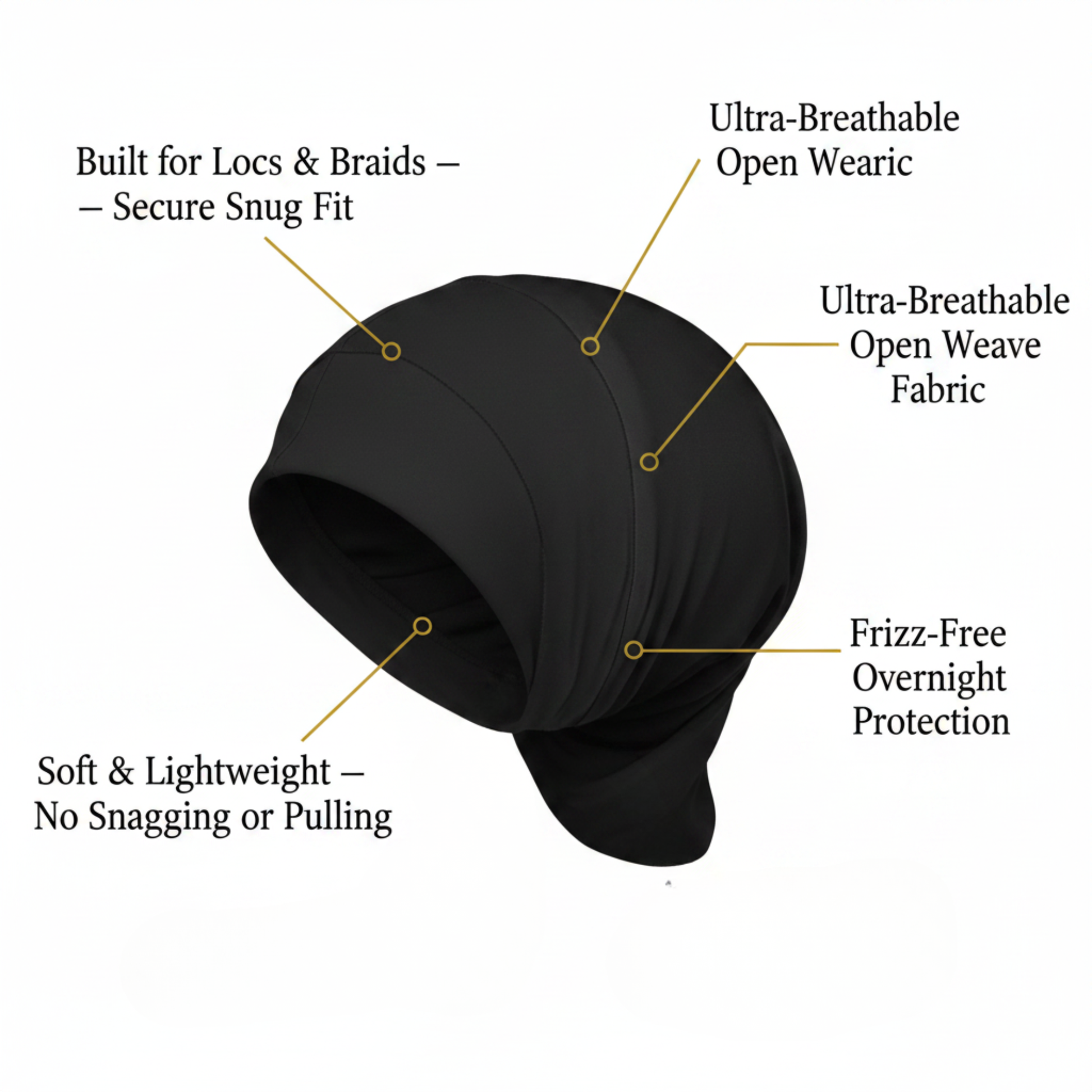 Mr. Durag Deluxe Dreadlocks And Braid Cap, 1 Count, Black shown with callouts highlighting its soft, lightweight fabric, ultra-breathable open weave, snug fit for locs and braids, and frizz-free overnight protection.