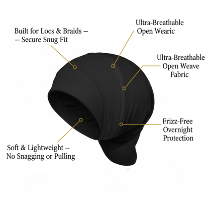 Mr. Durag Deluxe Dreadlocks And Braid Cap, 1 Count, Black shown with callouts highlighting its soft, lightweight fabric, ultra-breathable open weave, snug fit for locs and braids, and frizz-free overnight protection.