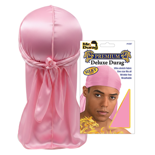 Mr. Durag Premium Silky Deluxe Durag, 1 Count, Pink shown with smooth, ultra-stretch silky fabric, wrinkle-free design, breathable material, and long tails tied at the back for secure wave training and styling.