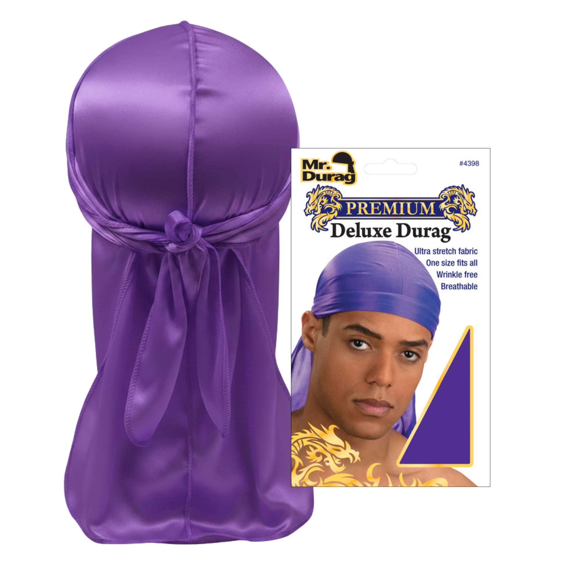 Mr. Durag Premium Silky Deluxe Durag, 1 Count, Purple, featuring ultra-stretch breathable fabric with wrinkle-free design, one size fits all, and long ties for secure styling.