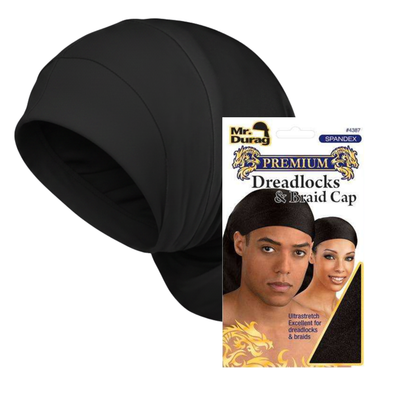 Mr. Durag Deluxe Dreadlocks And Braid Cap, 1 Count, Black shown as a smooth, stretchy headwear designed for comfortable dreadlock and braid protection, ideal for salon and home use.