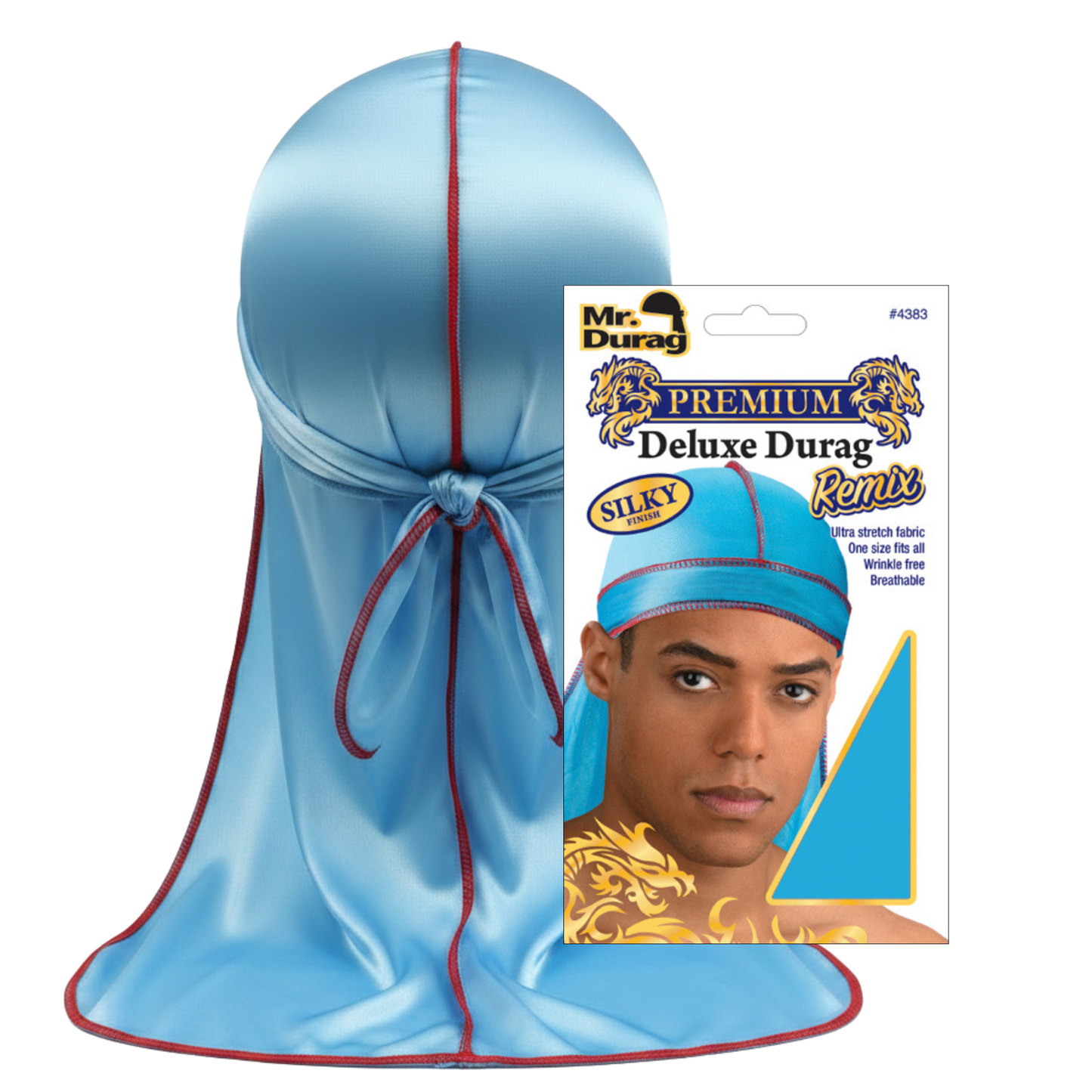 Mr. Durag Silky Deluxe Durag Remix, 1 Count, Assorted Colors shown in light blue silky fabric with red trim, featuring ultra stretch, breathable, wrinkle-free material for secure and comfortable fit.