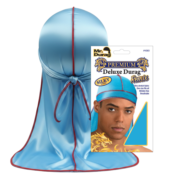 Mr. Durag Silky Deluxe Durag Remix, 1 Count, Assorted Colors shown in light blue silky fabric with red trim, featuring ultra stretch, breathable, wrinkle-free material for secure and comfortable fit.