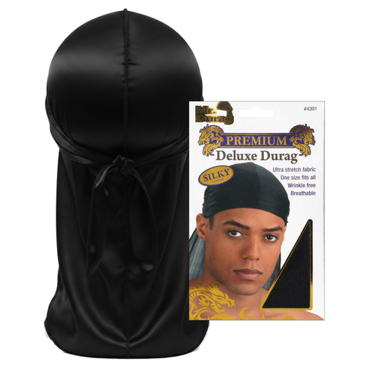 Mr. Durag Silky Deluxe Durag, 1 Count, Black shown with smooth, breathable silky fabric featuring wrinkle-free, ultra-stretch design and adjustable tie for comfortable secure fit.