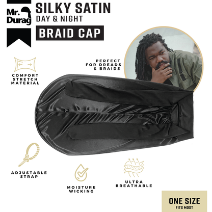 Mr. Durag Silky Satin Strap Day & Night Braid Cap, Black