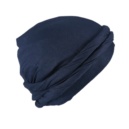 Navy blue silky spandex turban with a wrapped design, crafted to provide comfortable, stylish coverage for textured and multicultural hair care routines.