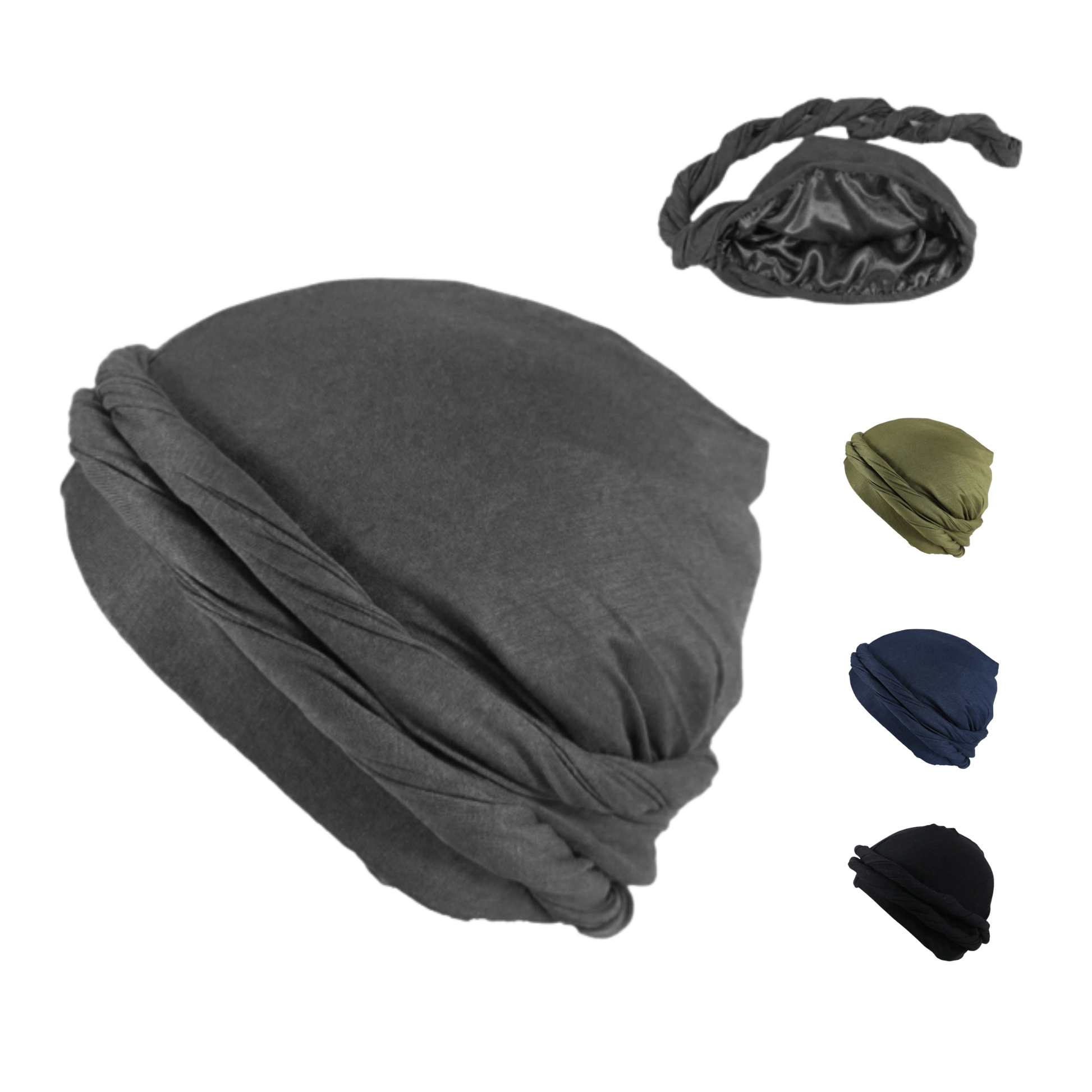 Black silky spandex crown turban with twisted side detail, designed for smooth, comfortable wear on textured hair, shown alongside olive green, navy, and gray color options.