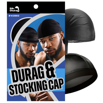 Black solid durag and stocking cap shown with packaging featuring man wearing smooth, fitted Mr. Durag headwear