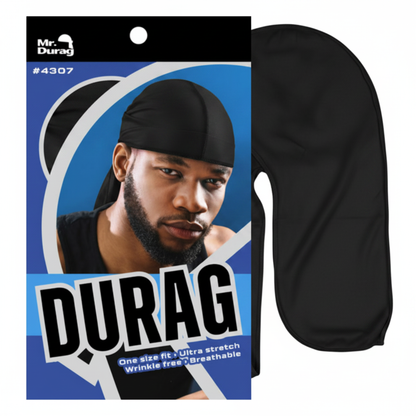 Mr. Durag Solid Durag, 1 Count, Black displayed alongside packaging featuring a man wearing the black durag designed for breathable, wrinkle-free, and ultra stretch comfort.