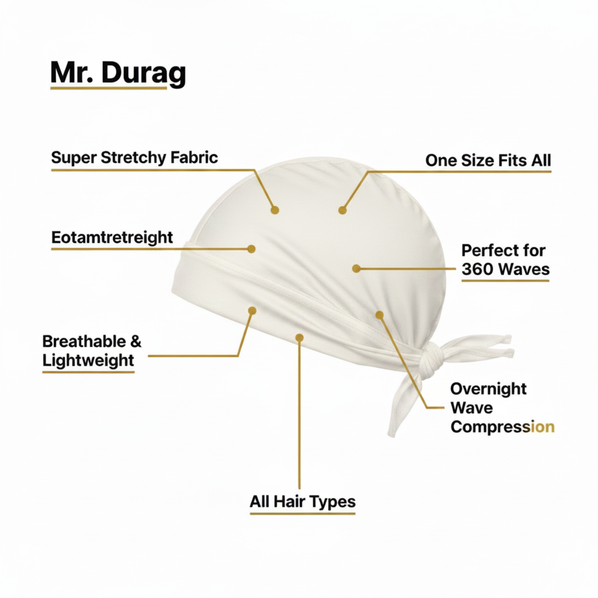 Mr. Durag Solid Durag, 1 Count, White shown with callouts highlighting its super stretchy, breathable fabric, one size fits all, lightweight design, suitable for all hair types and ideal for 360 waves with overnight compression.