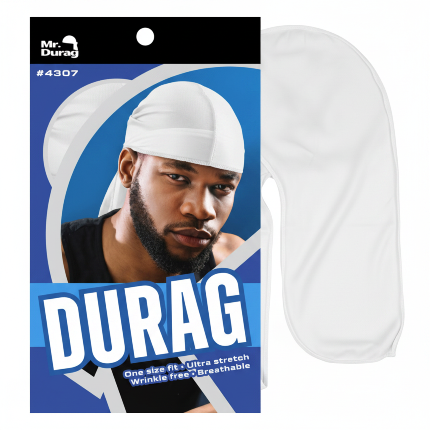 Mr. Durag Solid Durag, 1 Count, White shown alongside packaging featuring a man wearing the durag, designed for one size fit with breathable, wrinkle-free, ultra-stretch fabric for wave training.